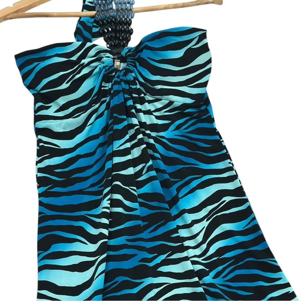 Fresh of LA Blue Zebra Pattern Halter Maxi Dress Beaded Straps - Picture 4 of 9